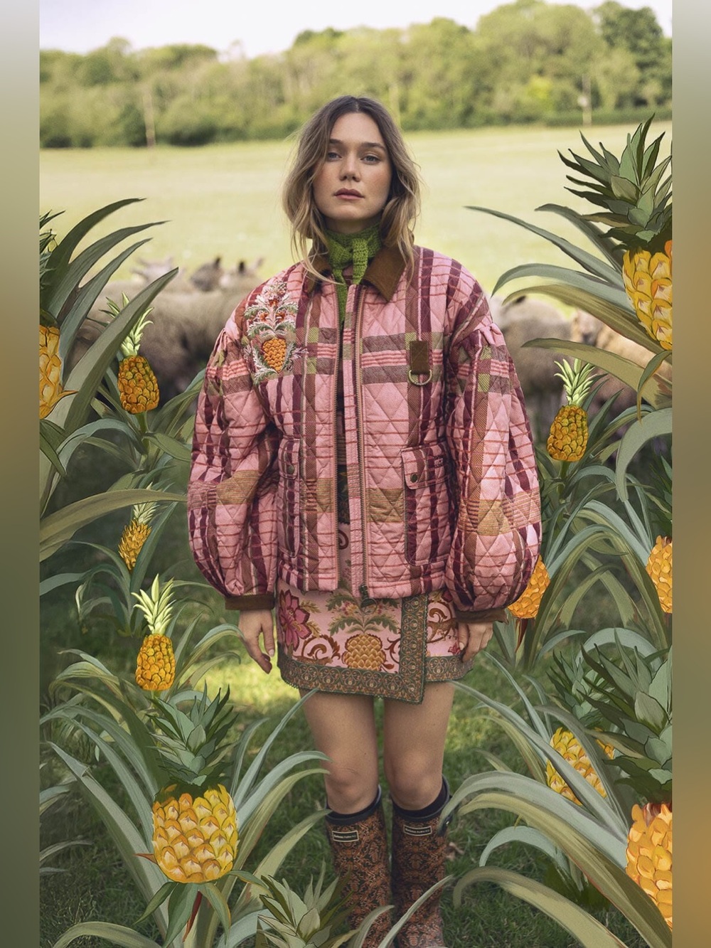 Barbour x Farm Rio Ana-Clara Quilted Jacket Tartan Pink XS
